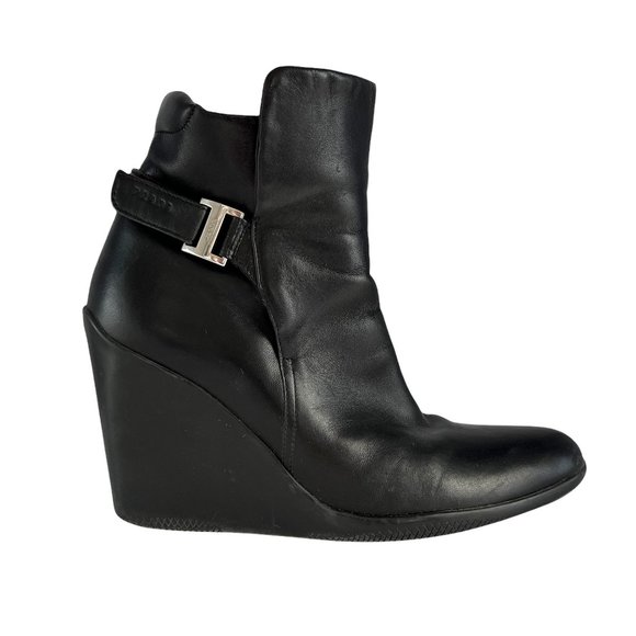 Prada Leather Moto Wedge Heel Ankle Biker Boots Sporty Punk Buckle Edgy Booties - Picture 1 of 10